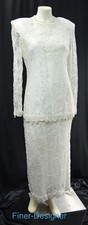 Vintage 80's lace wedding gown long sleeve midi Dress Ivory bead bride S M NEW