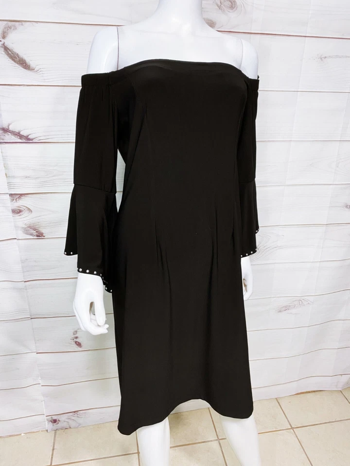 Emma & Michele 女式露肩连衣裙 L 码黑色长袖后拉链 — 第 2/4 张图片