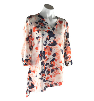 The Limited Shirt Womens S Floral V Neck Asymmetric Top Blouse 3/4 Roll Sleeve