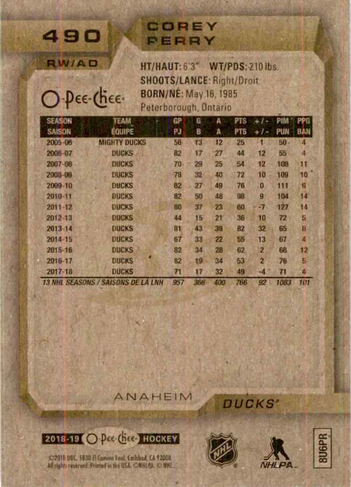 2018-19 O-Pee-Chee Corey Perry #490 - Image 2 of 2