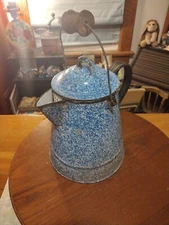 Antique LG Blue White Granite Splatter Ware Enamel Cowboy Coffee Pot W/ Bailing
