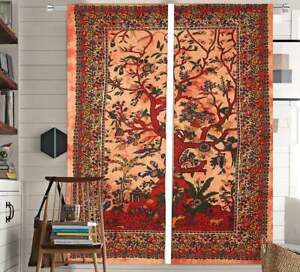 2 Pcs Tie Dye Tree Print Door Cotton Curtain Drape Panel Indian Window Curtains