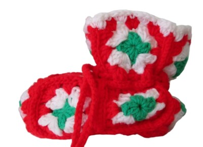 Granny Square Bootie Christmas Stocking Hand Crochet Brass Jingle Bells EUC
