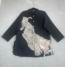 CITRON SANTA MONICA 1X Top Button-Up Tunic Shirt Embroidered Japanese Art Linen