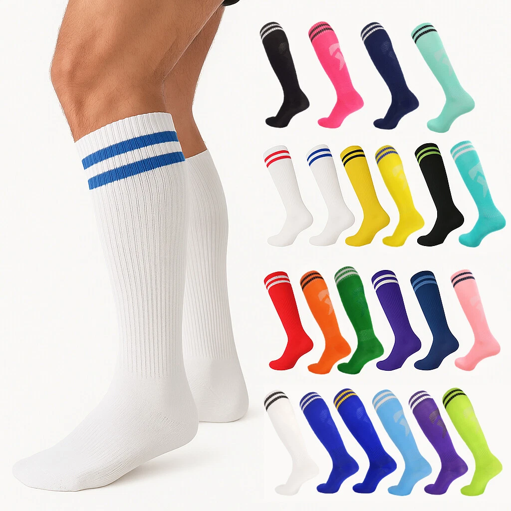 Adult Youth Soccer Solid Striped Knee High Socks Tube Mens Football Sports Footy