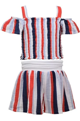 NWT Bonnie Jean Girls 4 Red White Blue Stripe Shorts Set 4th of July Smocked - Image 1 of 2