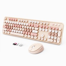 Wireless Keyboard and Mouse Combo, Ergonomic Full Size Typewriter Retro Round Ke