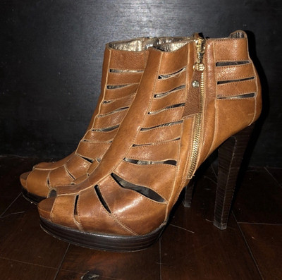 Stuart Weitzman Brown Leather Peep Toe Cut-Out Zip Platform Ankle Boots 9