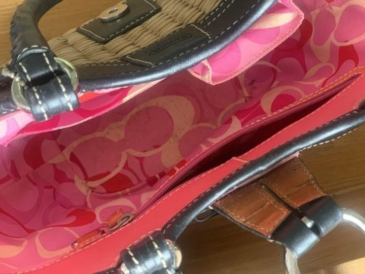 Bolso de Mano COACH Negro Rosa Mariposa Paja Cuero Tejido Cesta Bolso Verano MBb1138 Foto 3 de 3