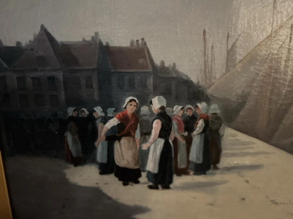 Painting Of Dutch Women On Fishing Wharf Sgd. - Image 2 of 4