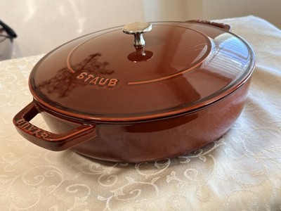 Staub 11 / 4qt Round Cast Iron Saute Pan with Chistera Lid, Cherry Excellent
