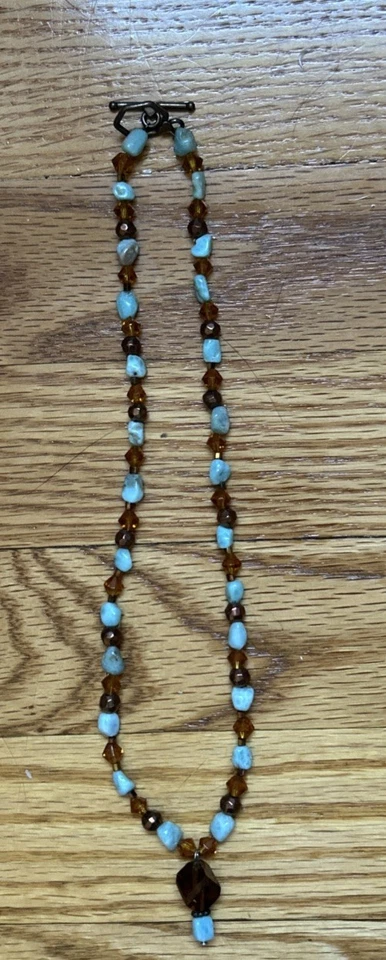 Artisan sterling silver Larimar brown crystal glass beaded pendant 18” necklace - Image 4 of 4