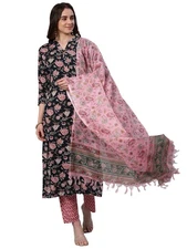 GoSriKi Women's Cotton Blend Kurta with Pant & Dupatta