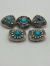 Button Cover Set Of 5 Silver Tone Decorative Bodies With Faux Turquoise Cabochon