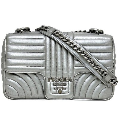 Pre-owned Prada Silver Diagram Leather Chain Shoulder Bag (1BD108) - 7/6. This
