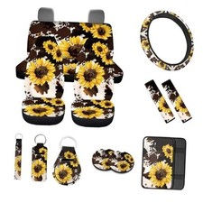 Print Car Seat Cover Full Set,Universal Car Steering Wheel Brown Cow Sunflower