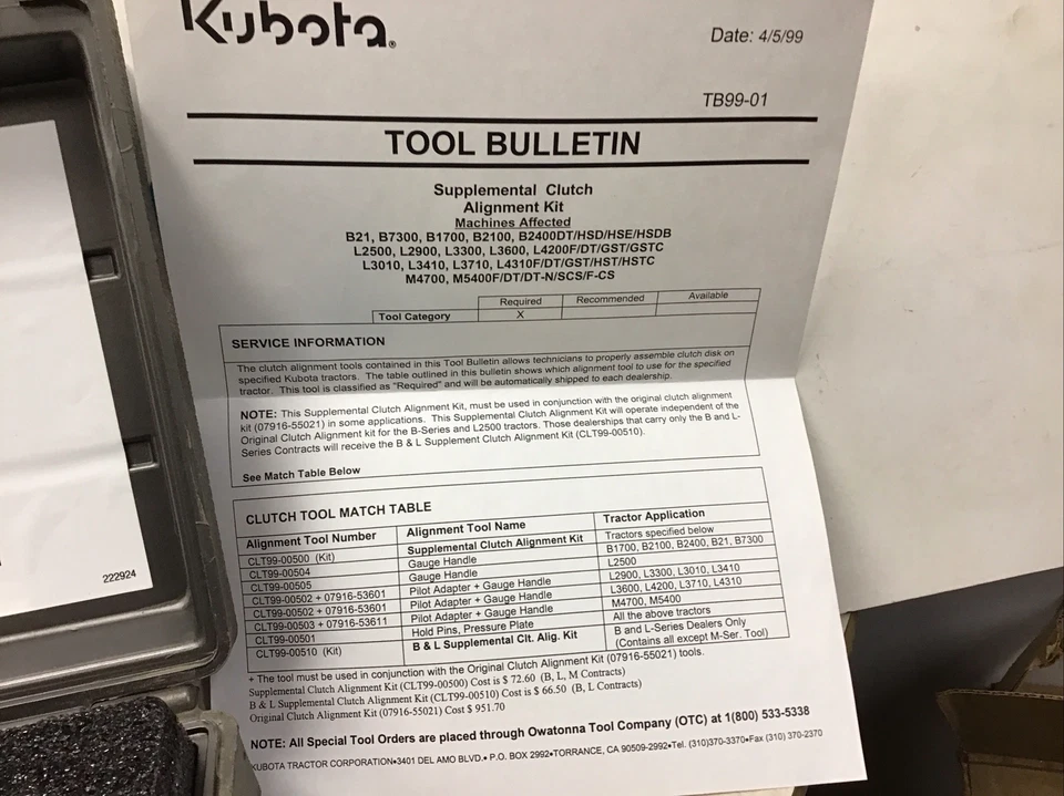 CLT99-00500 НОВЫЙ ДОПОЛНИТЕЛЬНЫЙ КОМПЛЕКТ ДЛЯ ВЫРАВНИВАНИЯ СЦЕПЛЕНИЯ KUBOTA ДЛЯ НЕСКОЛЬКИХ МОДЕЛЕЙ! - Изображение 4 из 4