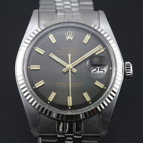 VINTAGE ROLEX 1601 DATEJUST AUTOMATIC WIDE BOY DARK GRAY DIAL MEN`S DATE WATCH