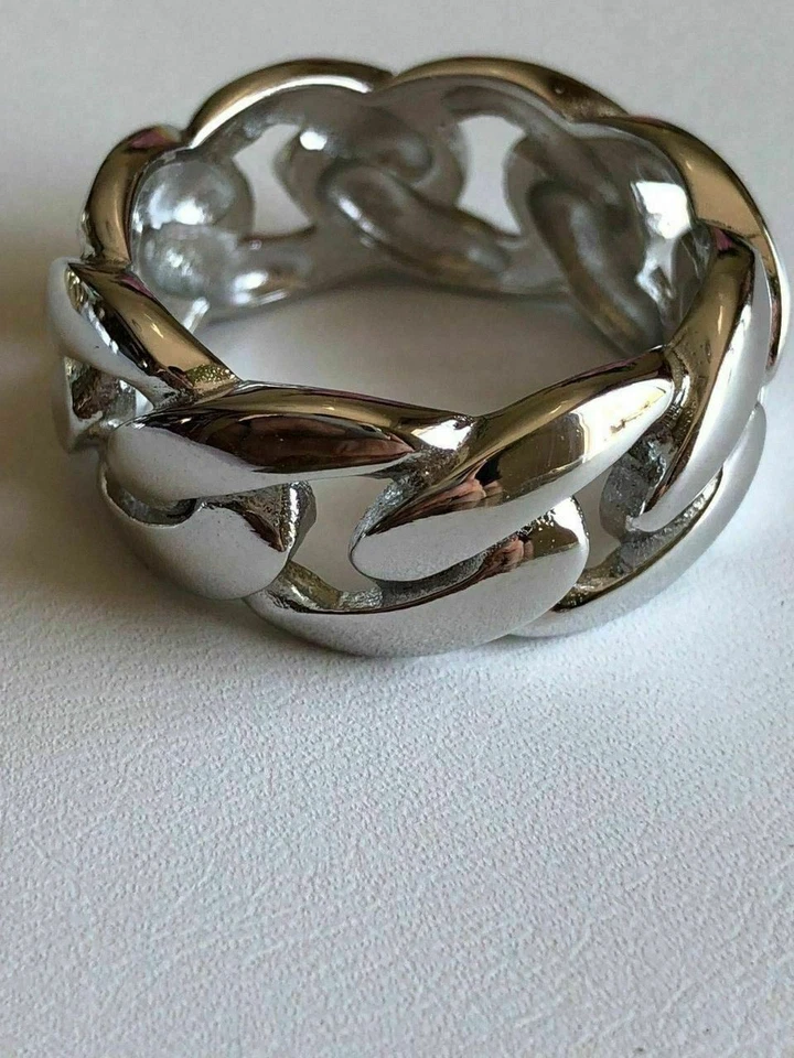 Mens Miami Cuban Link RING 14k Gold Rhodium Plated 925 Silver Pinky Wedding Band - Image 3 of 4