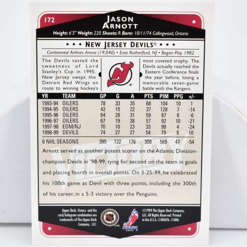 Tarjeta de colección 1999 Jason Arnott New Jersey Devils hockey sobre hielo cubierta superior #172 - Imagen 2 de 2
