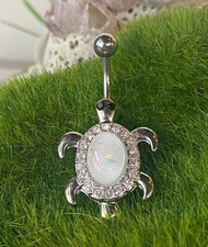 Opal Glitter Center Crystal Paved Turtle Belly Button Ring Navel Naval