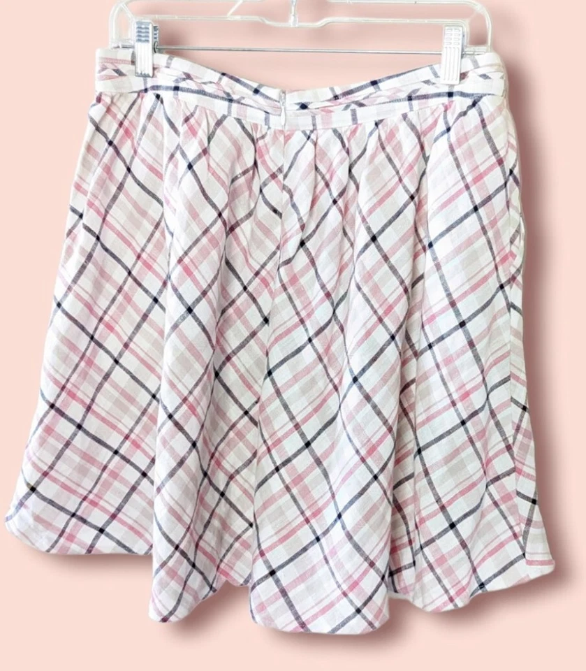 Joie Kaylea Linen Skirt Large Fits Medium Plaid White Pink Black Short A Line - Imagem 3 de 4
