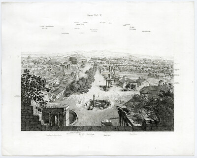 Antiker Topographie Druck-ITALIEN-ROM-ANSICHT-KOLOSSEUM-TRIUMPHBOGEN-SEVERUS-1857