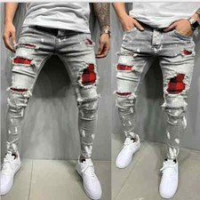 Men Biker Slim Elastic Denim Cargo Pants Joggers High Quality Hole European and