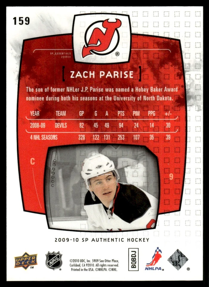 2009-10 SP Authentic Zach Parise /1999 New Jersey Devils #159 . - Image 2 of 2