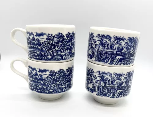 Vtg Churchill England Cups Mill Dam Blue 1960s 4 Willow HTF Pattern Coffee Tea