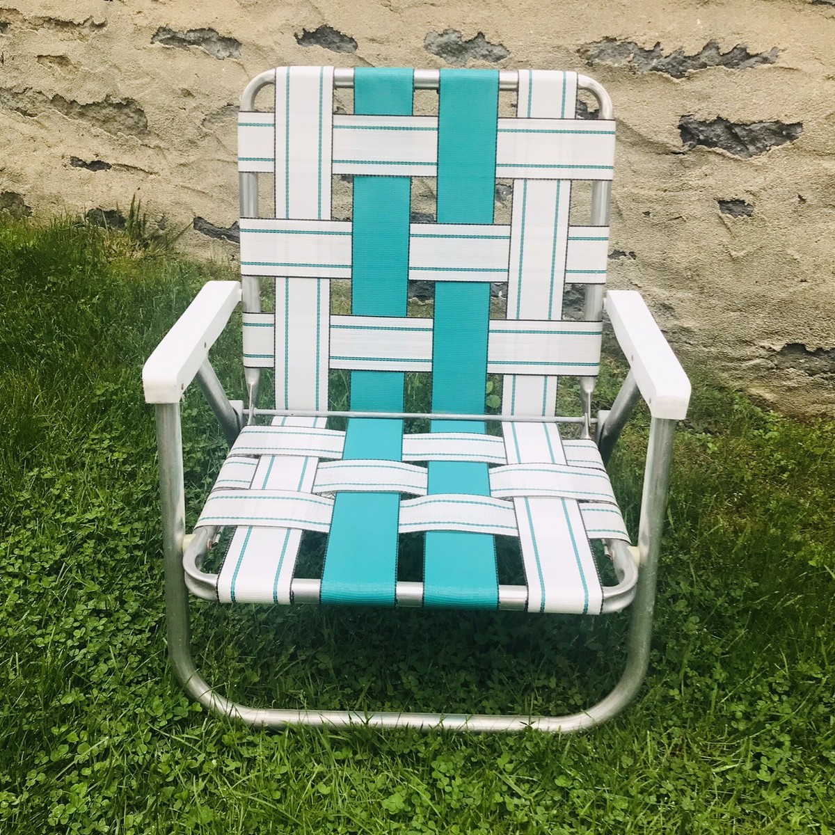 Vintage Sunbeam Aluminum Folding Beach Chair Web Weaved Low