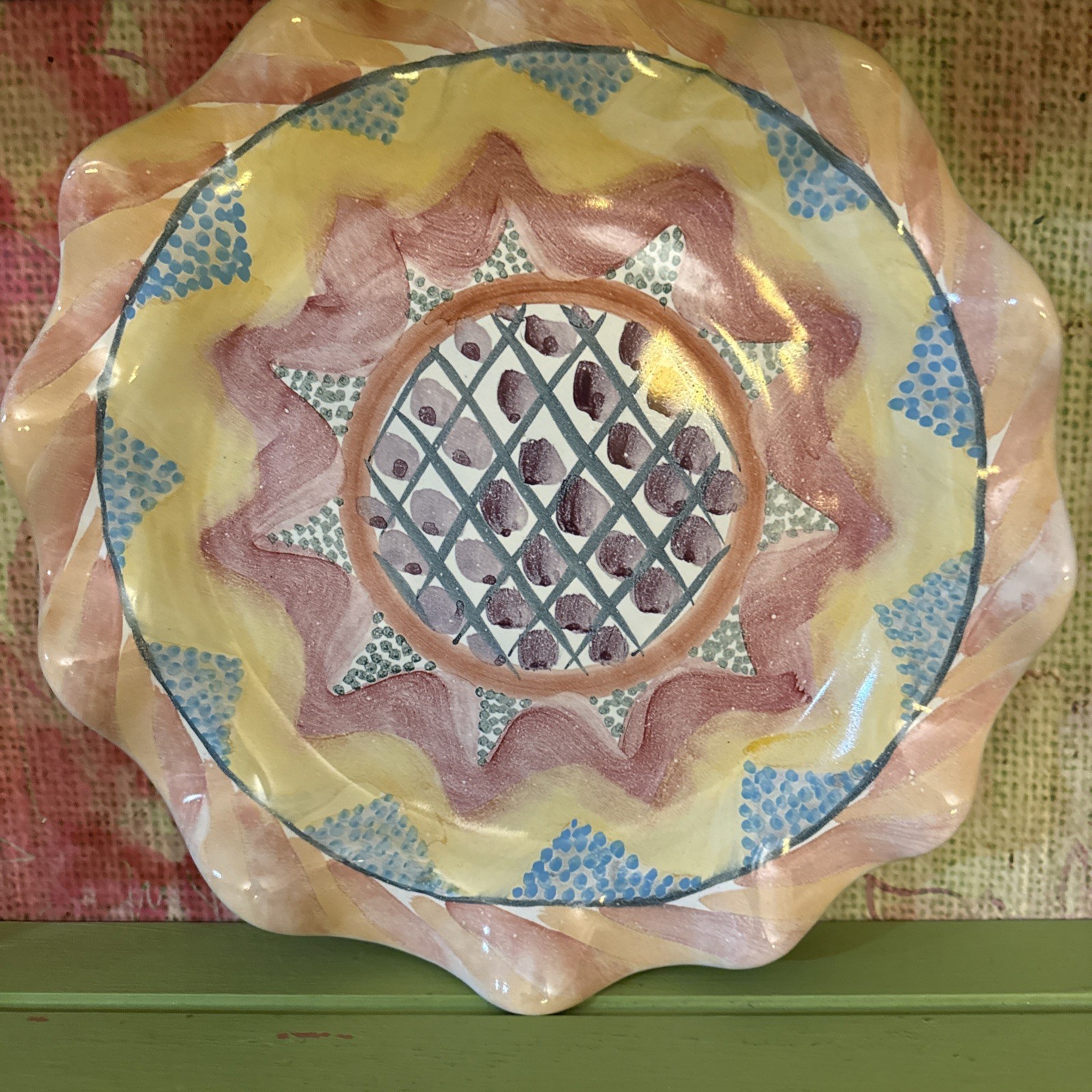 Retired Mackenzie Childs Kukenhoff Ceramic Hand Painted 12. “ Ruffled Fluted Pla