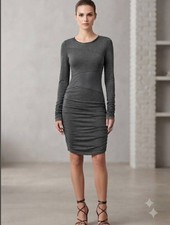 Guess Dress S Grey Bodycon Sheer Knee High Long Sleeve Ruched