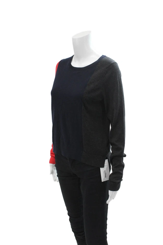 Theory Womens Abner Preen Stretch Color Block Sweater Navy Blue Red Size Large - Image 2 of 4