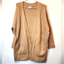 New Oversized Cardigan Shaker Knit Boucle Sweater Pockets Camel Heather L
