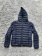 Save The Duck Coat Womens Medium Blue Puffer Hooded Ultra Light Plum Tech Quilt