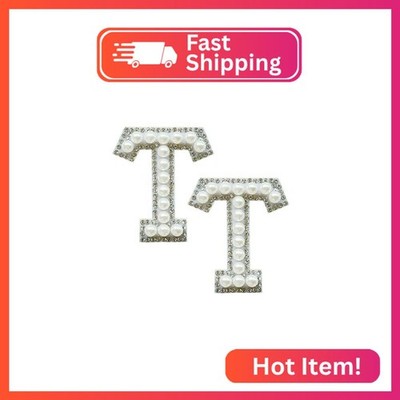 SOYCEV 2PCS White Pearl Iron on Letter Patches Rhinestone Letter Patches Sequin