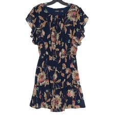 Lauren Ralph Lauren Dress Dark Floral Crinkle Georgette Cottage Navy Blue 10P