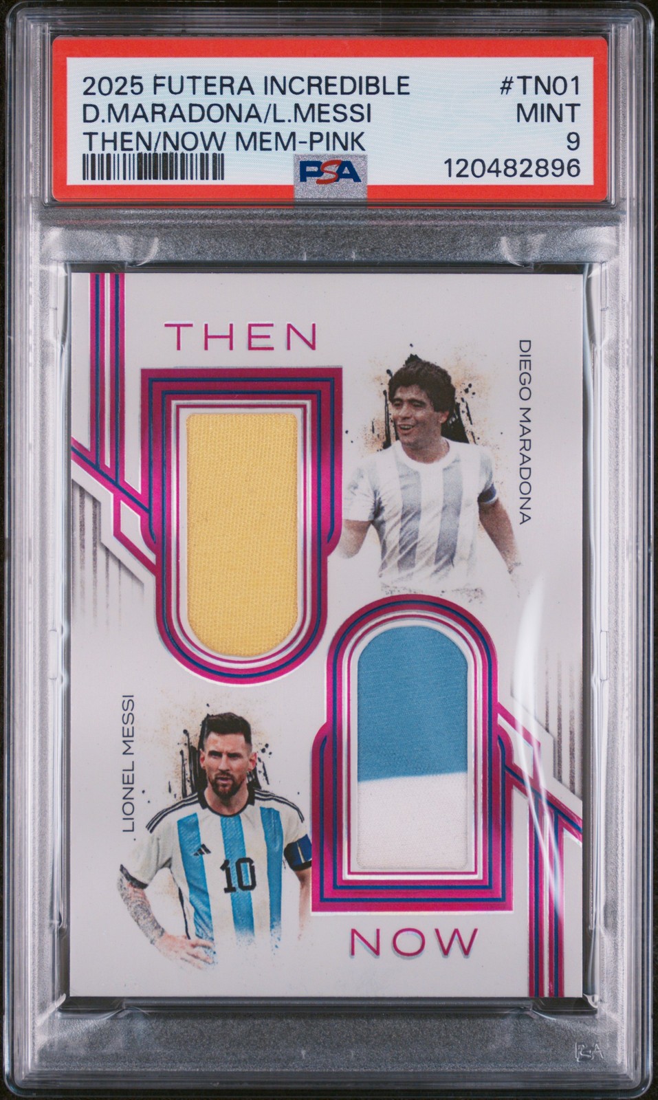 FUTERA INCREDIBLE THEN & NOW MEMORABILIA DIEGO MARADONA/LIONEL MESSI 1/6 PSA 9 view 1