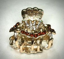 VTG QS Hair Claw Clip Gold Tone AB Clear Honey Cognac Crystal Strong Retro Metal
