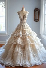 A-line Lace Long Prom Dress Vintage Wedding Lace Appliques Back Tie Bridal Gowns