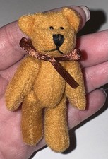 MINIATURE JOINTED PLUSH TEDDY BEAR 2  BROWN FUR BURGUNDY BOW
