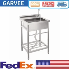 Stainless Steel Utility Sink W/Faucet Single Bowl Sink W/Hot & Cold Water Pipe