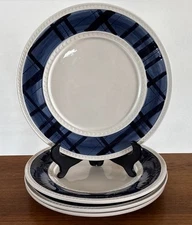 Fitz & Floyd Bristol 20-660 Indigo Tartan 11” Dinner Plate Set /4 New Excellent