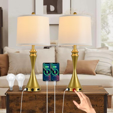 Set of 2 Modern Industrial Dimmable Table Lamps with USB  Outlet, Gold