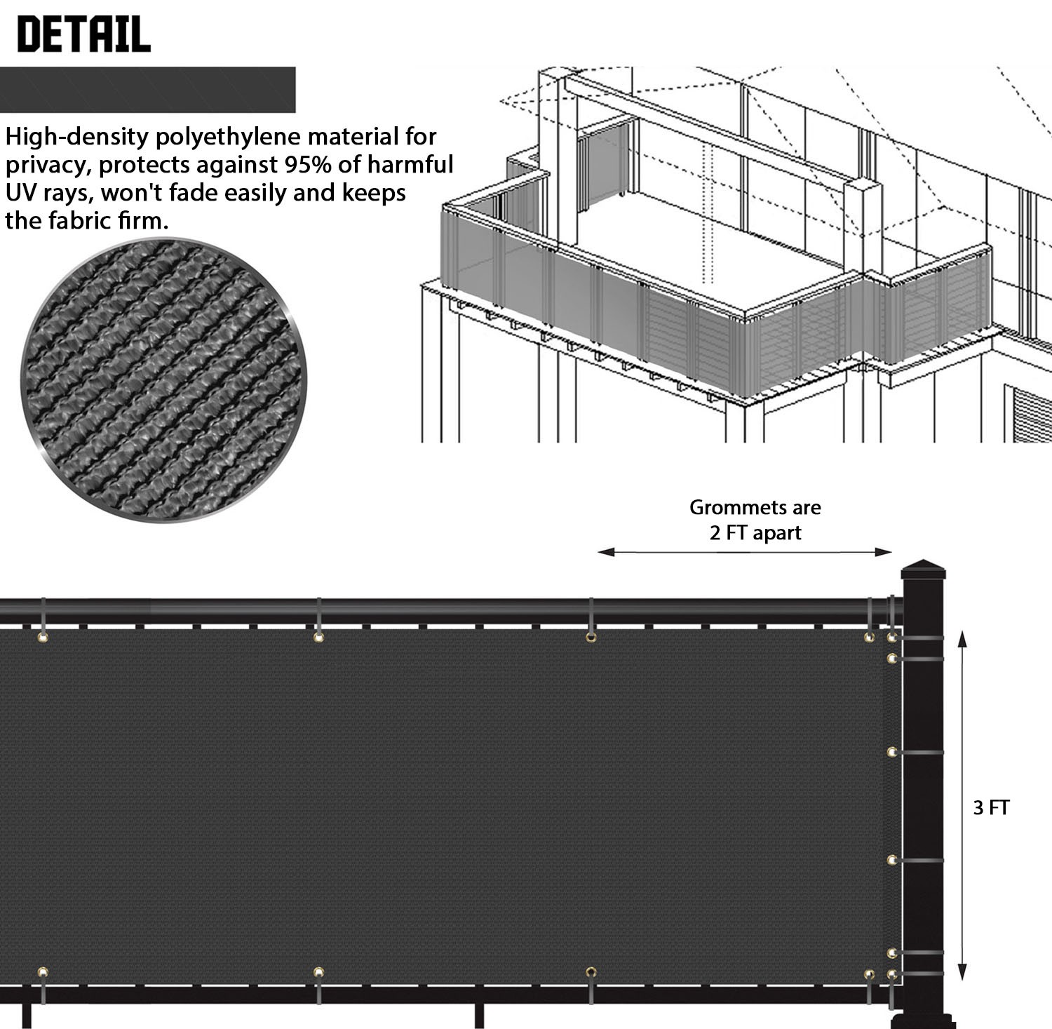 35in Tall Balcony Fence Privacy Screen Apartment Windshield Mesh Shade Brown