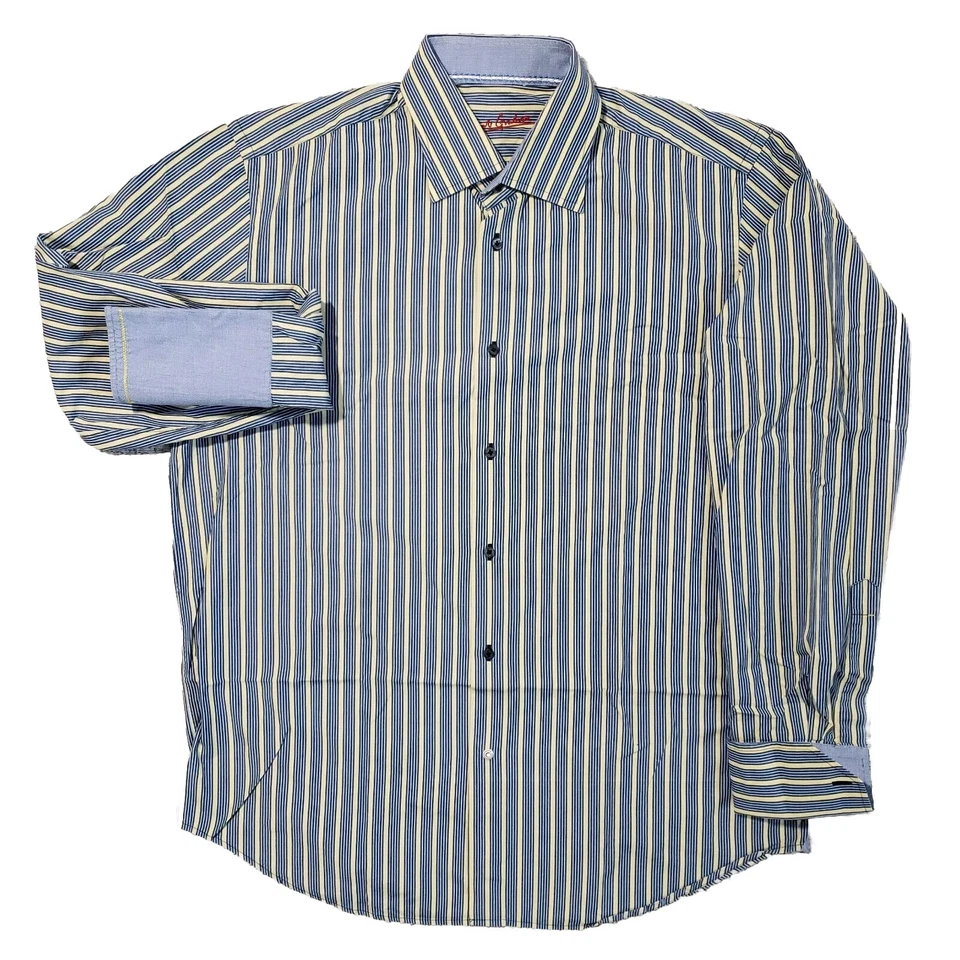 Camisa Robert Graham Para Hombre 17 Azul Amarillo Rayas Puño Francés Manga Larga Foto 2 de 4