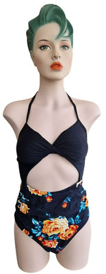 Cupshe Schwarzer Neckholder Monokini Badeanzug mit Blumenmuster Gr. XL