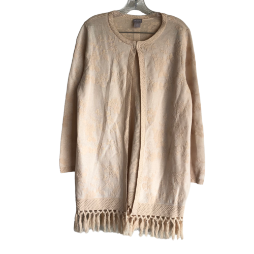 Chico's Womens Long Cardigan Sweater Size 2 US L Floral Tassel Beige Long Sleeve