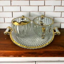 Vintage Jeannette Sugar and Creamer Set with Tray Clear Glass Gold Trim Ribbed